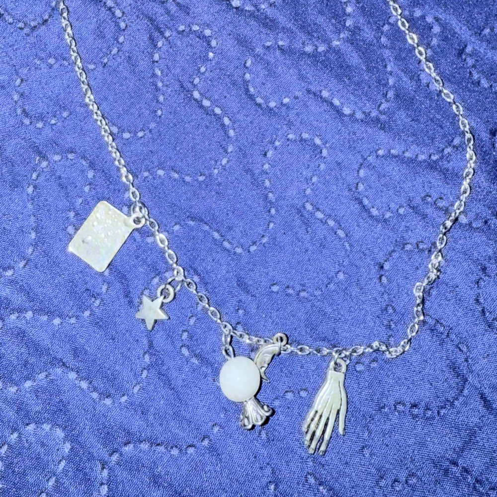 Silver Charm Necklace with White Bead